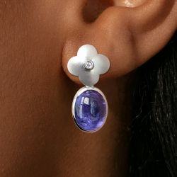 Vintage Bezel Oval Cabochon Cut Tanzanite & White Sapphire Drop Earrings For Women