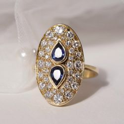Golden Halo Pear & Round Cut Blue & White Sapphire Engagement Ring For Women
