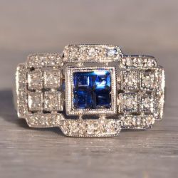 Halo Milgrain Asscher & Round Cut Blue & White Sapphire Cocktail Engagement Ring