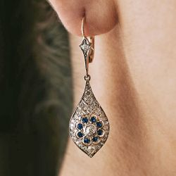 Two Tone Halo Round Cut Blue & White Sapphire Drop Earrings For Women