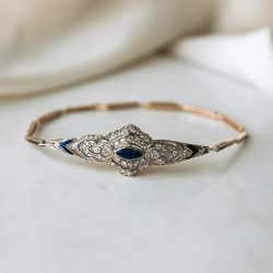 Two Tone Marquise & Round Cut Blue & White Sapphire Art Deco Tennis Bracelet 