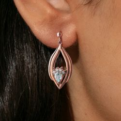 Rose Gold Pear & Round Cut Aquamarine & White Sapphire Drop Earrings