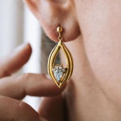 Golden Pear & Round Cut Aquamarine & White Sapphire Drop Earrings