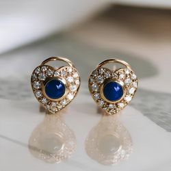 Halo Heart Design Round Cabochon Cut Blue & White Sapphire Vintage Stud Earrings For Women
