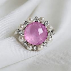 Halo Round Cut Cabochon Pink Sapphire & Pearl Engagement Ring