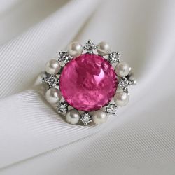 Halo Round Cut Cabochon Pink Sapphire & Pearl Engagement Ring
