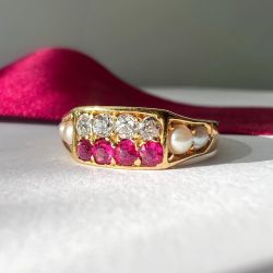 Golden Round Cut White & Ruby Sapphire & Pearl Engagement Ring For Women