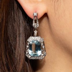 Fancy Emerald Cut Aquamarine & White Sapphire Art Deco Drop Earrings For Women