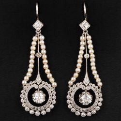 Milgrain Round Cut White Sapphire & Pearl Vintage Drop Earrings For Women