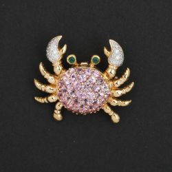 Two Tone Crab Shape Pave Setting Round Cut Pink & Emerald & White Sapphire Brooch Pin