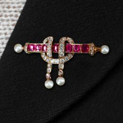 Knot Design Round & Emerald Cut Ruby & White Sapphire & Pearl Antique Brooch Pin For Women