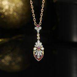 Two Tone Bezel Ruby & White Sapphire Round & Baguette Cut Pendant Necklace