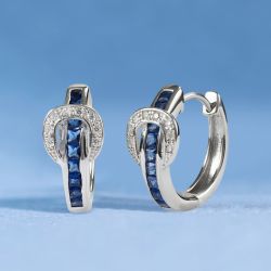 Blue Sapphire Princess & Round Cut Buckle Hoop Earrings