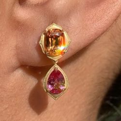 Golden Cushion & Pear Cut Yellow & Pink Sapphire Drop Earrings