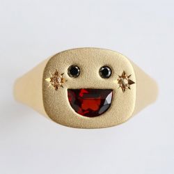 Smiley Face Frosted Round & Half Moon Cut Garnet & Black & White Sapphire Engagement Ring 