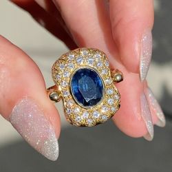 Double Side Golden Oval & Round Cut Blue & White Sapphire Cocktail Engagement Ring