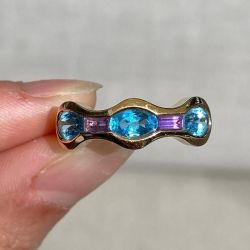 Golden Oval Cut Aquamarine & Amethyst Sapphire Half Eternity Wedding Band Ring