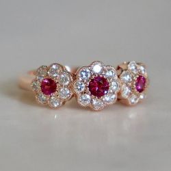 Rose Gold Daisy Milgrain Round Cut Ruby & White Sapphire Engagement Ring For Women