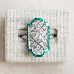Art Deco Princess & Round & Baguette Cut White & Emerald Sapphire Engagement Ring