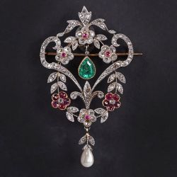 Two Tone Floral Pear & Round Cut Emerald & Ruby & White Sapphire & Pearl Brooch Pin