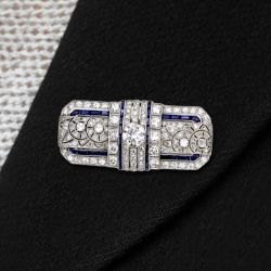 Art Deco Round & Baguette Cut White & Blue Sapphire Brooch Pin