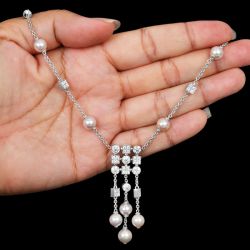 Elegant Tassel Round Cut White Sapphire & Pearl Pendant Necklace For Women