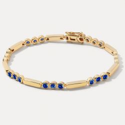 Bezel Golden Round Cut Blue Sapphire Tennis Bracelet For Women