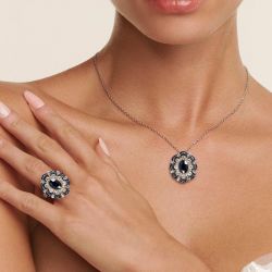 Two Tone Halo Oval & Round Cut Blue & White Sapphire Engagement Ring & Pendant Necklace Set