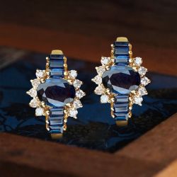 Golden Halo Oval & Baguette Cut Blue & White Sapphire Hoop Earrings For Women