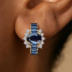 Golden Halo Oval & Baguette Cut Blue & White Sapphire Hoop Earrings For Women