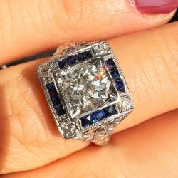 Milgrain Halo Round & Baguette Cut White & Blue Sapphire Art Deco Engagement Ring