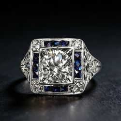 Milgrain Halo Round & Baguette Cut White & Blue Sapphire Art Deco Engagement Ring