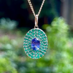 Golden Pave Setting Oval & Round Cut Blue & Emerald Sapphire Pendant Necklace