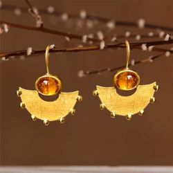 Boho Golden Oval Cabochon Cut Yellow Sapphire Vintage Drop Earrings For Women