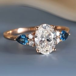 Rose Gold Oval & Pear Cut White & Blue Sapphire Engagement Ring For Women