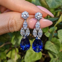 Teardrop Pear & Round & Marquise Cut Blue & White Sapphire Drop Earrings For Women