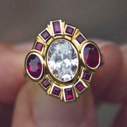 Golden Bezel Oval & Baguette Cut White & Ruby Sapphire Vintage Engagement Ring For Women