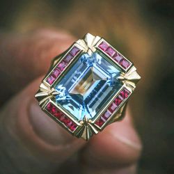 Golden Halo Split Shank Emerald Cut Aquamarine & Ruby Sapphire Art Deco Cocktail Engagement Ring