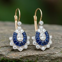 Two Tone Milgrain Pear & Baguette Cut White & Blue Sapphire Vintage Drop Earrings For Women