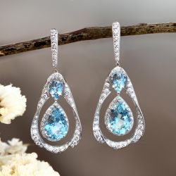 Halo Teardrop Pear Cut Aquamarine & White Sapphire Drop Earrings For Women