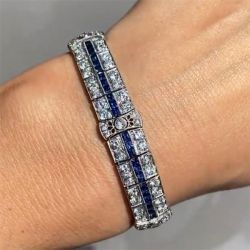 Classic Round & Princess Cut Blue & White Sapphire Art Deco Tennis Bracelet For Women