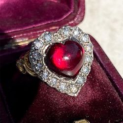Two Tone Halo Heart Cabochon & Round Cut Ruby & White Sapphire Engagement Ring