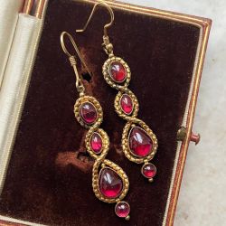 Golden Braided Cabochon Oval & Pear Cut Ruby Sapphire Antique Drop Earrings