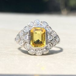 Halo Bezel Emerald & Round Cut Yellow & White Sapphire  Art Deco Cocktail Engagement Ring
