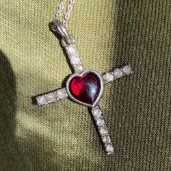 Romantic Cabochon Heart & Round Cut Garnet & White Sapphire Vintage Cross Pendant Necklace