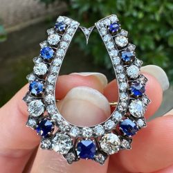 Horseshoe Round Cut Blue & White Sapphire Vintage Brooch Pin