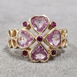 Lucky Clover Bezel Heart & Round Cut Pink & Ruby Sapphire Vintage Engagement Ring For Women