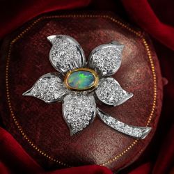 Two Tone Floral Oval & Round Cut Opal & White Sapphire Brooch Pin