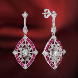 Halo Round & Baguette Cut Ruby & White Sapphire Drop Earrings For Women