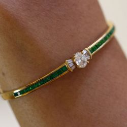 Golden Oval & Asscher Cut White & Emerald Sapphire Bangle Bracelet 